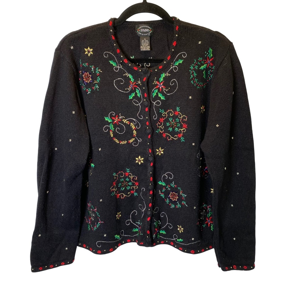 Designers Originals Studio Cardigan Women XL Embroidered Ugly Christmas Sweater